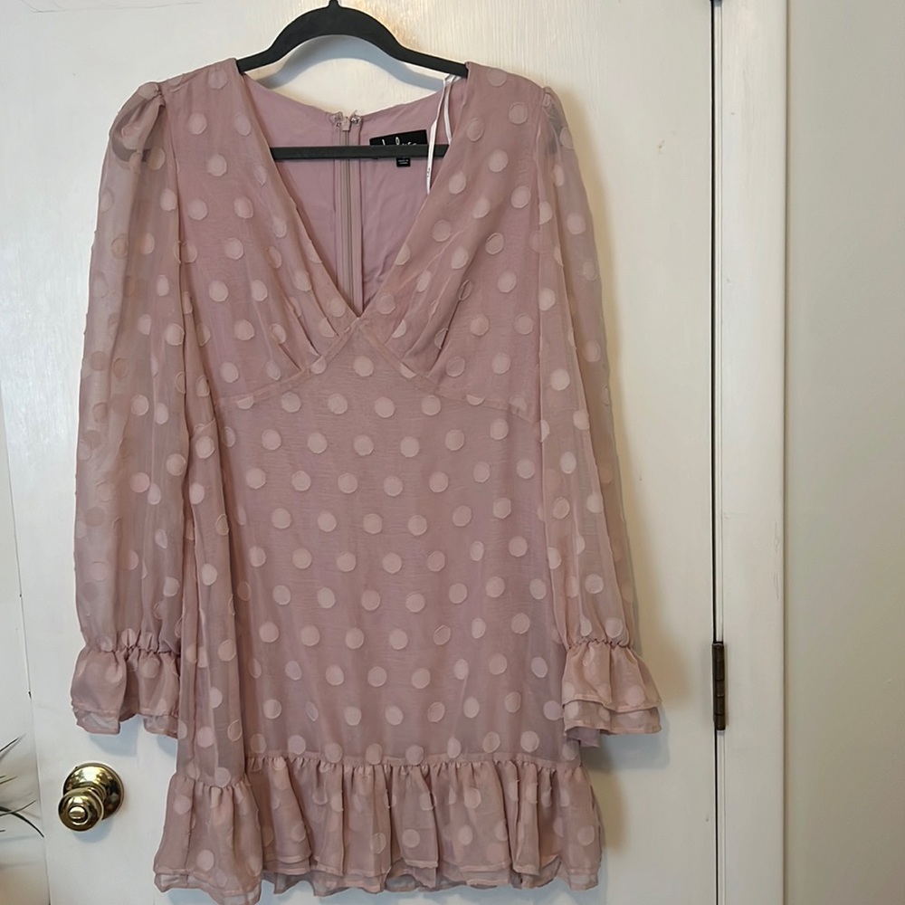 Lulus pink polka dot long sleeve dress size large